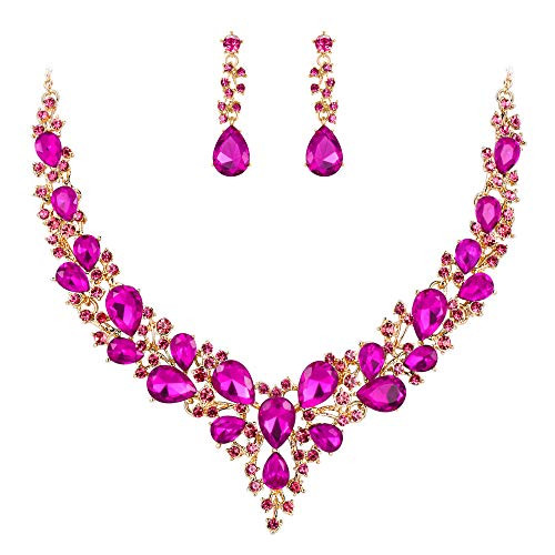 BriLove Wedding Bridal Necklace Earrings Jewelry Set for Women Austrian Crystal Teardrop Cluster Statement Necklace Dangle Earrings Set Fuchsia Gold-Toned BriLove Wedding Bridal Necklace Earrings Jewelry Set for Women Austrian Crystal Teardrop Cluster Statement Necklace Dangle Earrings Set Fuchsia Gold-Toned