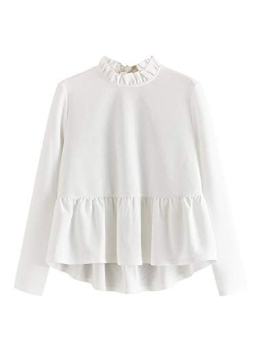 Romwe Women's Long Sleeve Frill Mock Neck Ruffle Hem Peplum Blouse Tops Shirt White Small