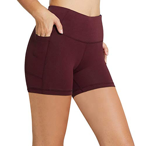 BALEAF Women's 5inch High Waist Workout Yoga Running Compression Exercise Volleyball Spandex Shorts with Pockets Ruby Wine XS