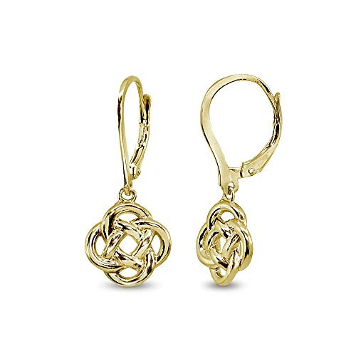 Yellow Gold Flashed Sterling Silver Polished Love Knot Design Dangle Drop Leverback Earrings
