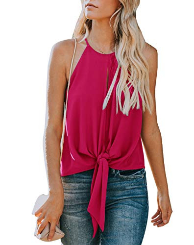 Topstype Women's Summer Sleeveless Crew Neck Tank Tops Camis Front Tie Knot Casual Shirt Keyhole Front Blouse-X-Large-Wine Red-
