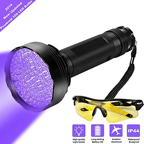 UV Black Light Flashlight- Super Bright 100 LED Best Pet Dog Cat Urine Detector light Flashlight for Pet Urine Stains- UV Blacklight Flashlight with UV Sunglasses for Bed Bugs Scorpions- Home Hotel