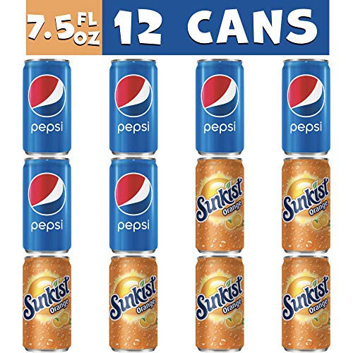 Bundle of Variety Soda Drinks - 12 Pack of 7.5 Fluid Ounce Mini Cans - -6- Sunkist Orange- -6- Pepsi