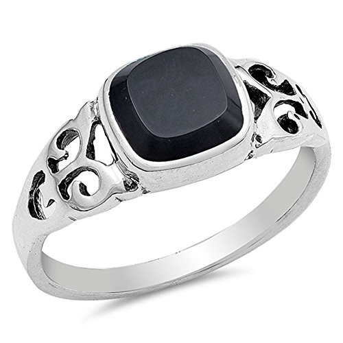 Simulated Black Onyx Fleur De Lis Filigree Ring New .925 Sterling Silver Band Size 7