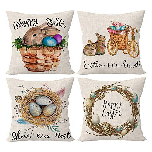 SIBOSUN Easter Pillow Covers 18x18 Inch Set of 4 Bunny Bunnies Rabbit Happy Easter Eggs Hunt Home Decorations Farmhouse Throw Pillow Case Cotton Linen Cushion Case for Couch Sofa Patio Decorative SIBOSUN Easter Pillow Covers 18x18 Inch Set of 4 Bunny Bunnies Rabbit Happy Easter Eggs Hunt Home Decorations Farmhouse Throw Pillow Case Cotton Linen Cushion Case for Couch Sofa Patio Decorative