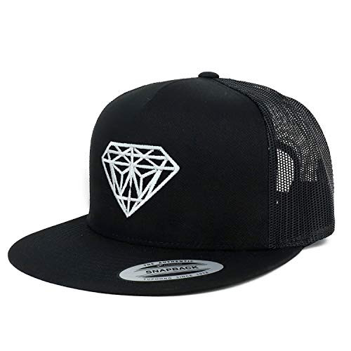 Armycrew Flexfit White Diamond Embroidered 5 Panel Flatbill Snapback Mesh Cap - Black