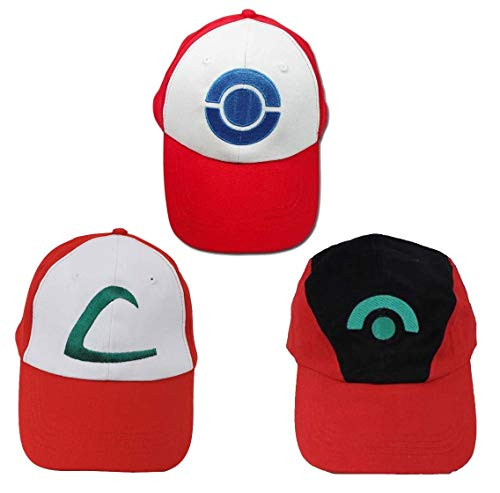 Combination Packaging Pokemon Ash Ketchum Baseball Snapback Cap Hat for Adult Embroidered Adjustable Red -3in1-