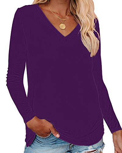 Corfrute Womens Solid Tunic Summer Long Sleeve Tops Casual V Neck Basic Tee Shirts-Purple-2XL-
