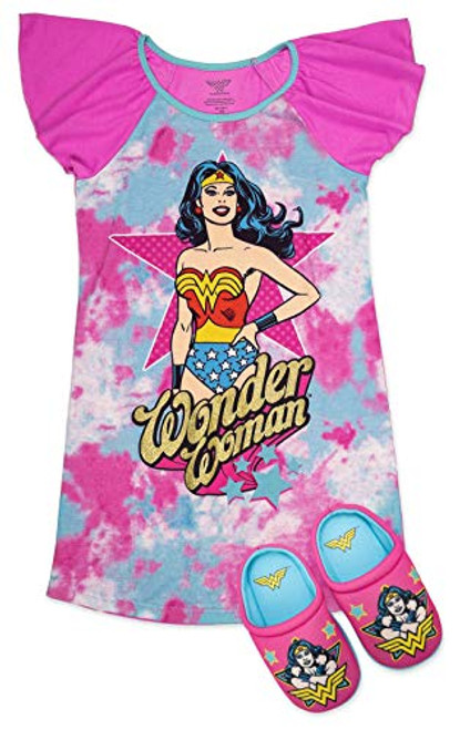 Wonder Woman Girls Pajama Set- Dorm PJs with Matching Slippers- Girls Size 6-7 Pink