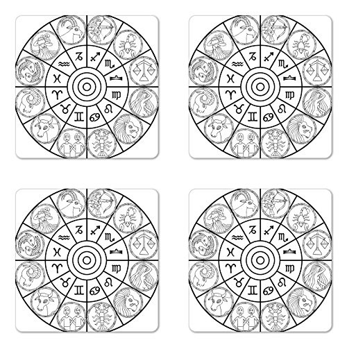 Lunarable Zodiac Coaster Set of 4- Zodiac Clock with Signs Ecliptic Coordinates System Birth Chart of Solar Print- Square Hardboard Gloss Coasters for Drinks- Black White