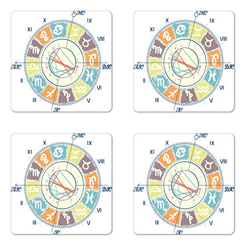 Lunarable Astrology Coaster Set of 4- Natal Chart Zodiac Symbols Horoscope Sign Theme Celestial Fortune Leo Virgo- Square Hardboard Gloss Coasters- Standard Size- Multicolor