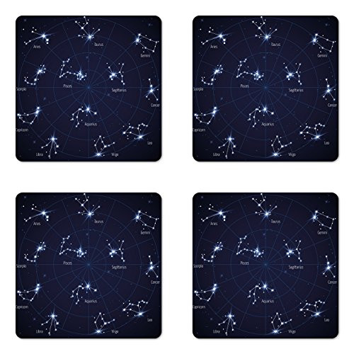 Ambesonne Constellation Coaster Set of 4- Sky Star Map with Geometric Circle Space Night Horoscopes Chart Dark- Square Hardboard Gloss Coasters for Drinks- Dark Blue White