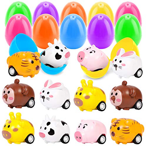 Evoio 12 Pack Easter Eggs Prefilled with Pull Back Cars- Mini Little Vehicles Car Toys for Easter Party Favors- Easter Basket Stuffers- Easter Egg Fillers- Goodie Bags Fillers- Classroom Prizes- Pinata Fillers