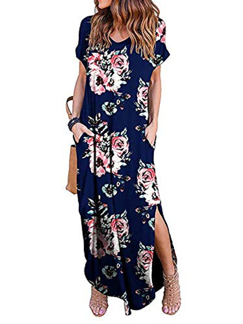 Women's Summer Maxi Dress Casual Loose Pockets Long Dress Short Sleeve Split Navy White M Women's Summer Maxi Dress Casual Loose Pockets Long Dress Short Sleeve Split Navy White M