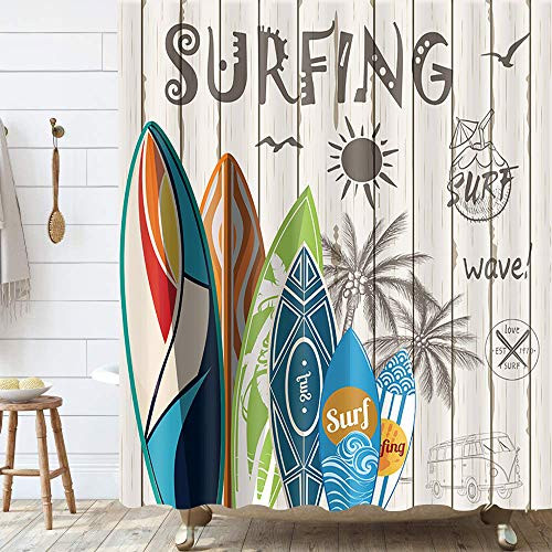 Summer Surfing Shower Curtains- Tropical Surfboard Palm Tree on Beige Rustic Wooden Plank Beach Shower Curtain for Bathroom Decor Polyester Fabric Bathtub Curtain with Hooks Waterproof 69x70inches