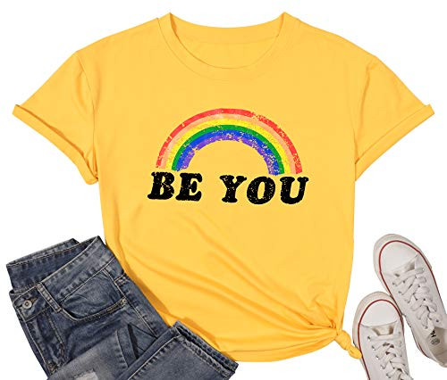 Pride Shirt Women Rainbow Graphic Tees Funny Be You Letter Print T Shirt LGBT Equality Shirts Casual Short Sleeve Tops -Be You- Yellow- Medium-