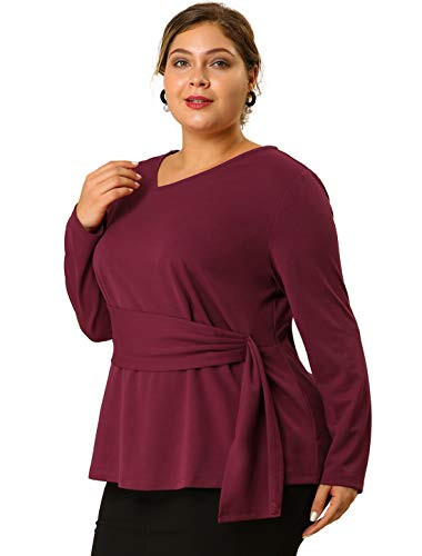Agnes Orinda Women's Plus Size Blouse V Neck Tops Long Sleeve Peplum Top Wine Red 2X