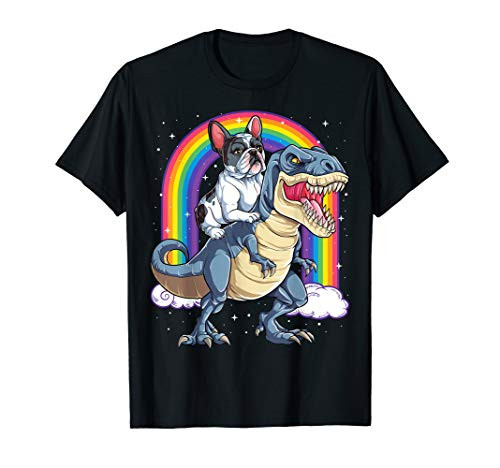 French Bulldog Riding Dinosaur T rex Gifts Boys Kids Rainbow T-Shirt
