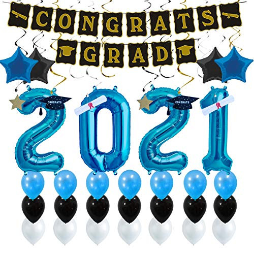 Graduation Decorations 2021 Blue White Black Balloons Graduation Party Supplies Graduation Banner Congratulations Banner Hang Swirls 2021 Balloons -2021 Blue-