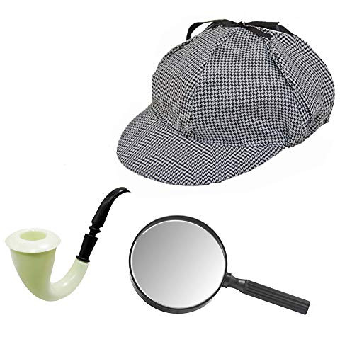 Sherlock Holmes Houndstooth Detective Hat with Costume Pipe  and  Magnifier Glass