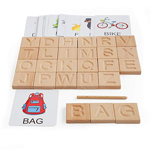 Wooden Alphabet Tracing Board Blocks Preschool Learning Letter Tracing Board with Alphabet Flash Cards and Wood Stylus Pen- Montessori Letters Tiles Toys