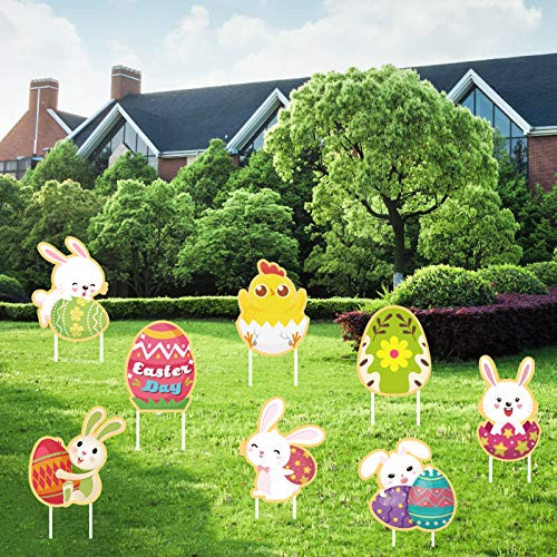 PERFQU 8 Pieces Easter Yard Signs Decorations Outdoor Bunny- Easter Decorations Outdoor Easter Bunny Chick and Dinosaur Eggs Yard Sign with Stakes for Easter Party Supplies Easter Props