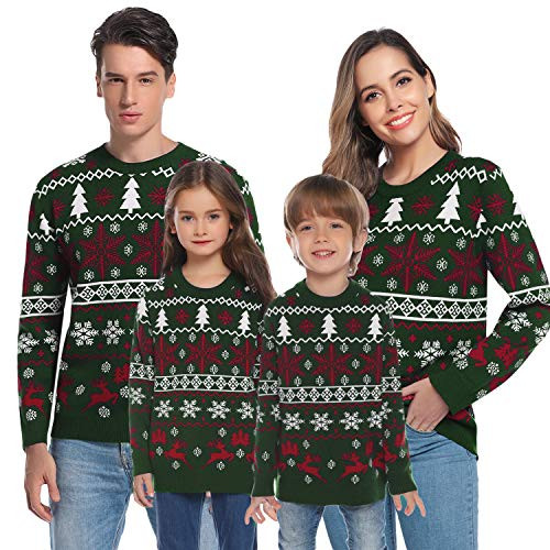 Hawiton Family Matching Ugly Xmas Sweaters Long Sleeve Christmas Reindeer Sweater Festive Pullover -Green-Kids- 6-