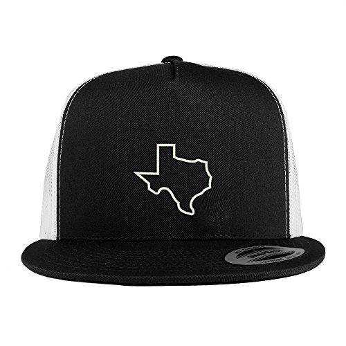 Trendy Apparel Shop Texas State Outline Embroidered 5 Panel Flat Bill 2-Tone Trucker Mesh Cap - Black White