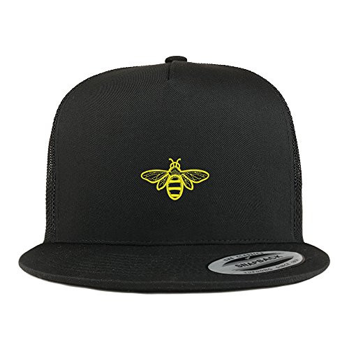 Trendy Apparel Shop Bee Embroidered 5 Panel Flat Bill Trucker Mesh Back Cap - Black