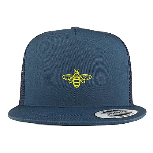 Trendy Apparel Shop Bee Embroidered 5 Panel Flat Bill Trucker Mesh Back Cap - Navy