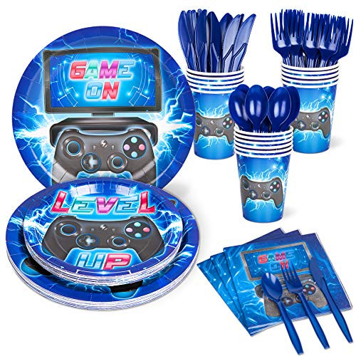 Decorlife Video Game Party Supplies Serves 16- Cute Party Plates and Napkins Sets for Boys Birthday- Cups and Knives- Forks- Spoons Included- Blue- Total 112pcs