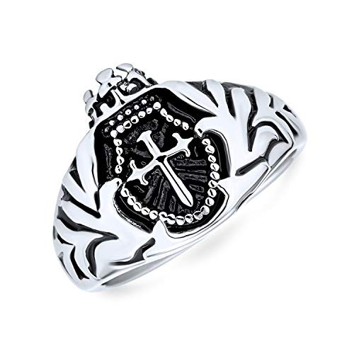 Bling Jewelry Mens Religious Crown Viking Knight Shield Maltase Fleur De Lis Cross Signet Ring for Men Oxidized Silver Tone Stainless