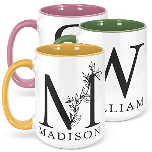 Initial 15 oz Coffee Mugs with Name- Custom - Yellow/White - Personalized Mugs for Women- Ceramic Coffee Mug Tea Cup for Office and Home Use- Perfect Monogram Gifting- Taza Personalizadas