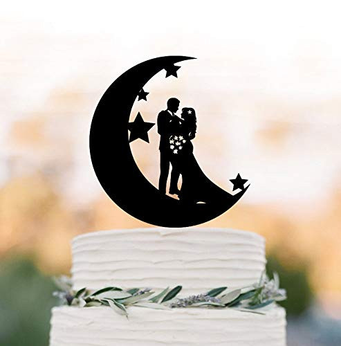 Moon And Star Wedding Cake Topper- Bride And Groom Silhouette- Funny Cake Topper