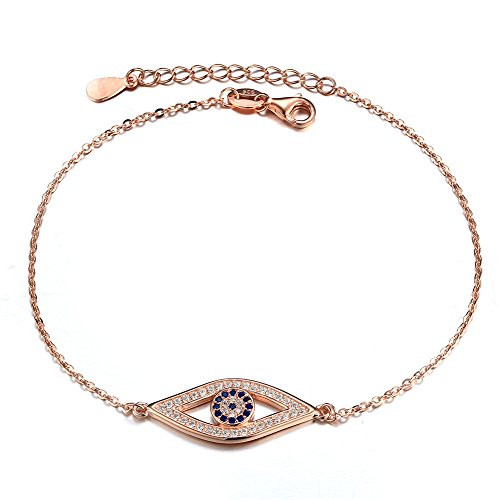 Kaletine Blue Evil Eye Bracelets Sterling Silver 925 Cubic Zirconia Cable Chain 6.5inchPlus1inch Extender-Rose Gold-