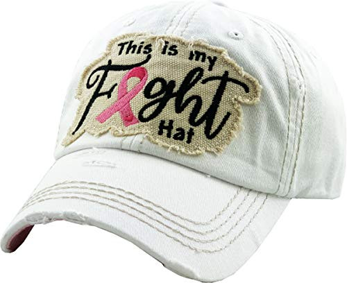 Pink Ribbon Breast Cancer Awareness Fight Hope Vintage Baseball Cap Hat Women Cotton Adjustable -One Size- White My Fight Hat-