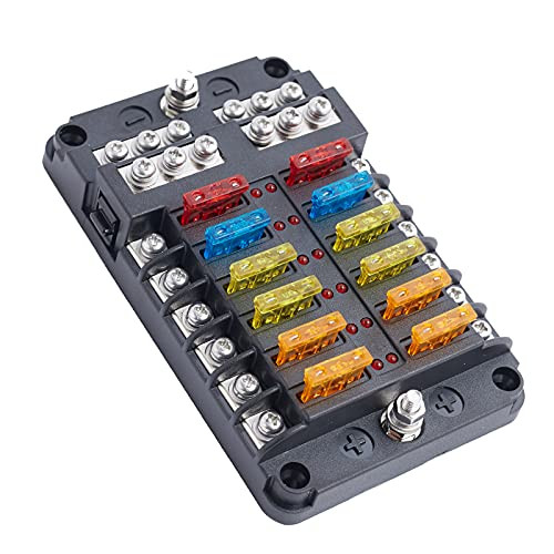12-Way Fuse Block- Negative Bus Fuse Box with Damp-Proof Cover and LED Warning Indicator- DC 12-24V Boat Fuse Panel- Fuse Holder for Vehicle Car Buses Tankers Boat