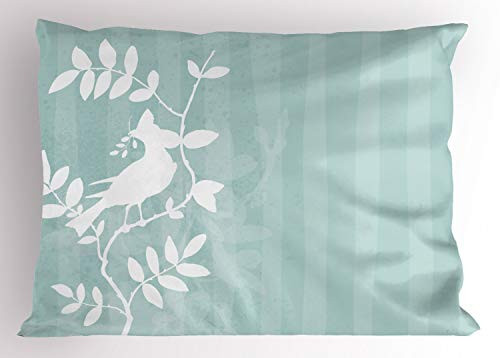 Ambesonne Nature Pillow Sham- Silhouette of Bird Sitting on The Tree Branch on Striped Backdrop Summer Print- Decorative Standard King Size Printed Pillowcase- 36inch X 20inch- Turquoise White