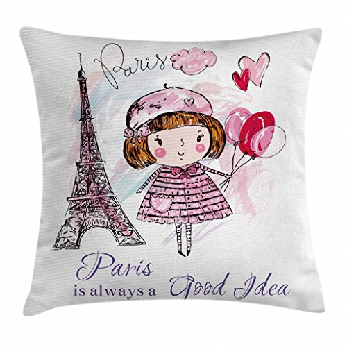 Ambesonne Paris Throw Pillow Cushion Cover- Little Girl Holding Balloons Hearts a Cloud and Eiffel Tower Illustration- Decorative Square Accent Pillow Case- 16inch X 16inch- Pink Purple