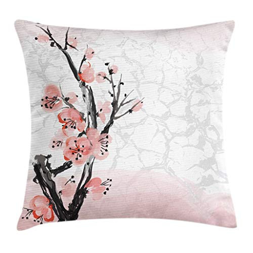 Ambesonne Floral Throw Pillow Cushion Cover- Japanese Cherry Blossom Sakura Tree Branch Soft Pastel Watercolor Print- Decorative Square Accent Pillow Case- 16inch X 16inch- Pink Coral