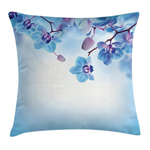 Ambesonne Flower Throw Pillow Cushion Cover- Orchids Natural Flowers Reflections on The Water for Spring Calming Art- Decorative Square Accent Pillow Case- 16inch X 16inch- Blue Purple