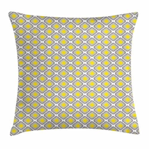 Ambesonne Ikat Throw Pillow Cushion Cover- Surreal Geometric Pattern with Squares with Vintage Color Palette Illustration- Decorative Square Accent Pillow Case- 16inch X 16inch- Grey Yellow White
