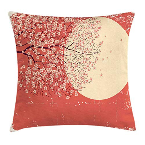 Ambesonne Spring Throw Pillow Cushion Cover- Cherry Blossom Sakura Tree Branches on Moon Japanese Style Illustration- Decorative Square Accent Pillow Case- 16inch X 16inch- Coral Pale Yellow Plum