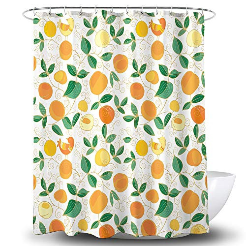 Get Orange Peach Shower Curtain-Pattern Peach Fruits and Decorative Birds Branch Green Leaves Thicken Polyester Fabric Shower Curtain Bathroom Sets Decor with Hooks 72 X 72 Inches