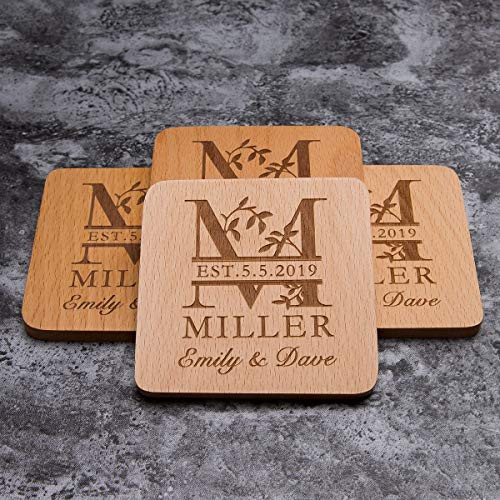 Personalized Monogram Beech Wood Coasters for Drinks - Personalized Wedding Gifts Bridal Shower Gifts - Custom Coasters Set of 4-3 Name Initial Style-