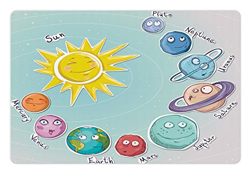Ambesonne Space Pet Mat for Food and Water- Cartoon Sun Planets of Solar System Fun Celestial Chart Theme- Non-Slip Rubber Mat for Dogs and Cats- 18inch X 12inch- Multicolor