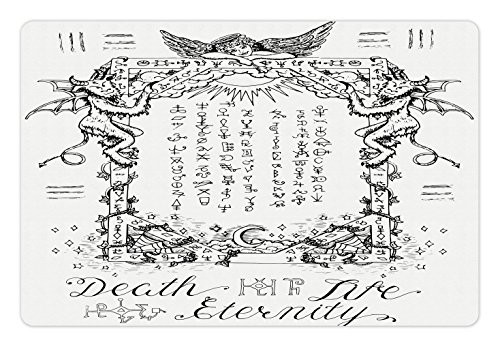 Ambesonne Occult Pet Mat for Food and Water- Gothic Medieval Magic and Spell Eternal Life Chart Themed Artwork- Rectangle Non-Slip Rubber Mat for Dogs and Cats- White Black