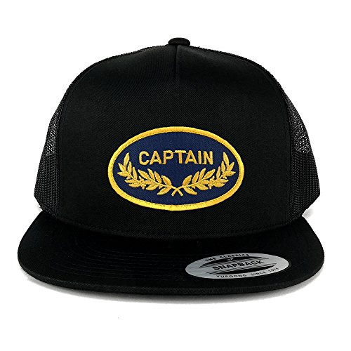 Flexfit 5 Panel Captain Oval Oak Leaf Military Embroidered Patch Snapback Mesh Cap - Black