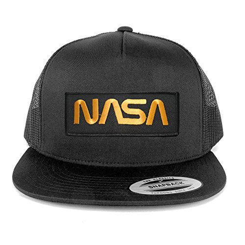 Flexfit 5 Panel NASA Worm Gold Text Embroidered Patch Snapback Mesh Trucker Cap - Charcoal