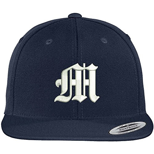 Trendy Apparel Shop Old English M Embroidered Flat Bill Snapback Cap - Navy